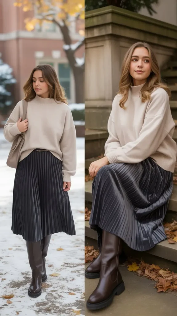  Mock-Neck Sweater with Pleated Midi Skirt