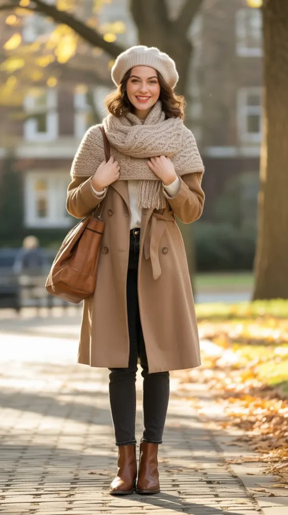 Knit Beret, Scarf, and Trench Coat Combo