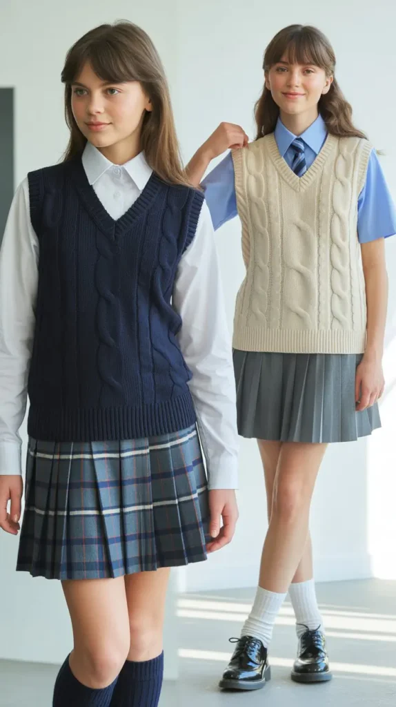  Layered Vest Over Uniform Shirt