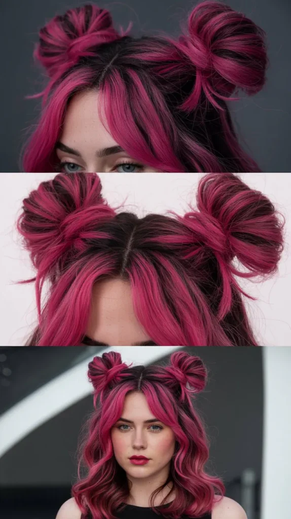  Deep Magenta Pink Half Up Half Down with Space Buns