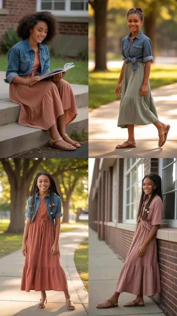 Maxi Dress With a Tied Denim Shirt