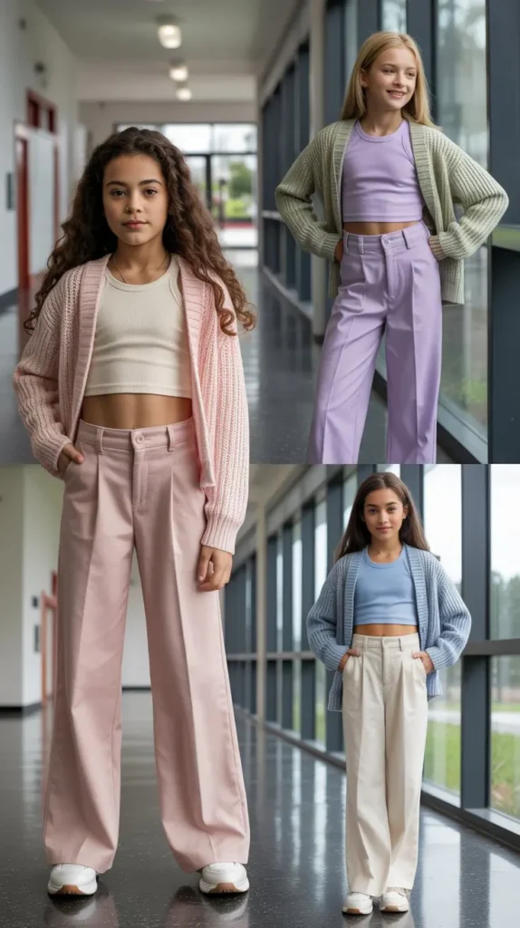 Wide-Leg Trousers with a Crop Top and Cardigan