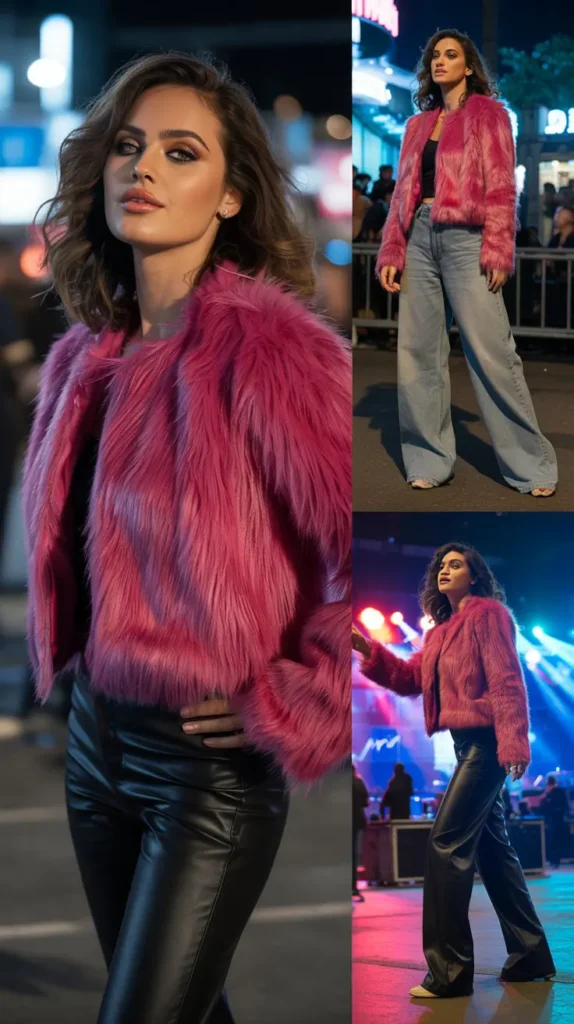 Hot Pink Fur Coat With Leather Pants