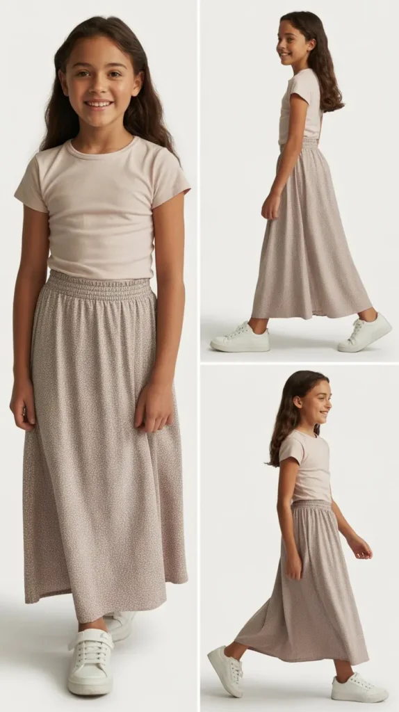 Maxi Skirt with a Tucked-In Tee and Sneakers