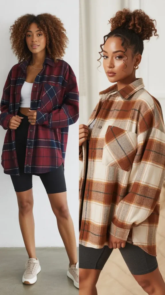  Oversized Flannel Shirt with Biker Shorts and Sneakers