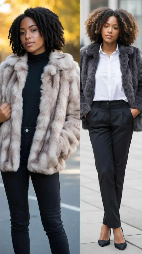  Faux Fur Coat with Monochrome Outfit Underneath