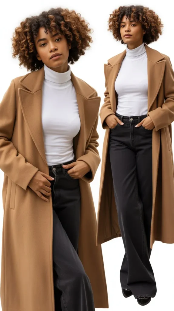 Camel Coat with White Turtleneck and Dark Jeans