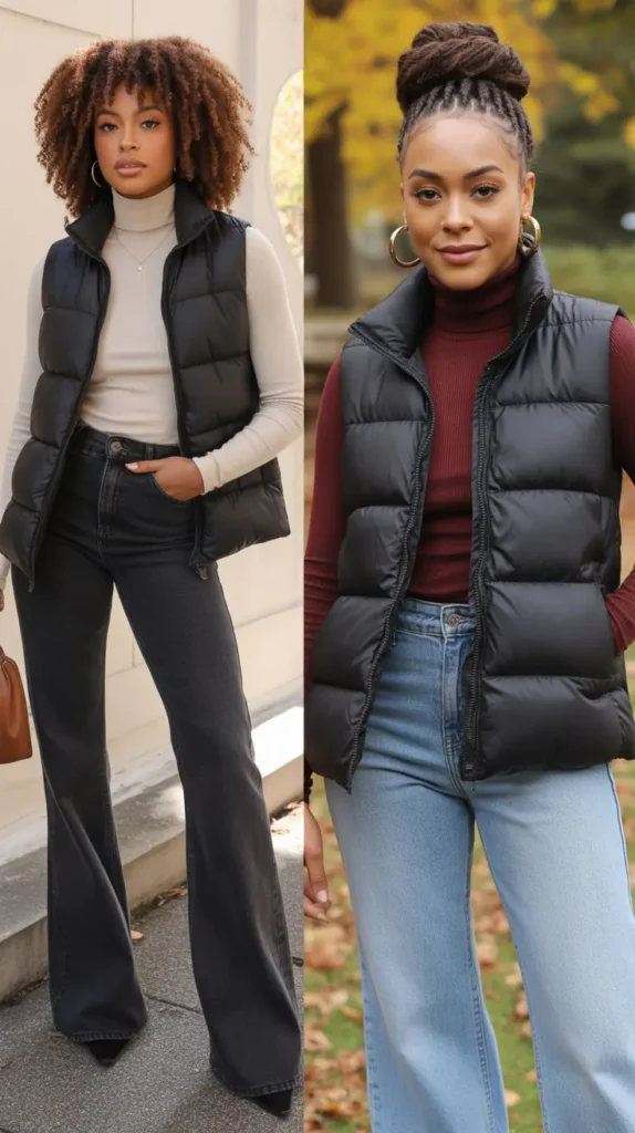 Black Puffer Vest with Turtleneck and Flare Jeans