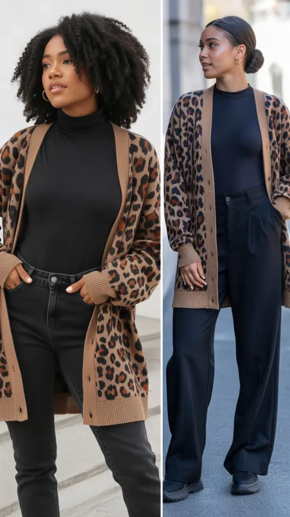 Leopard Print Cardigan with Black Basics