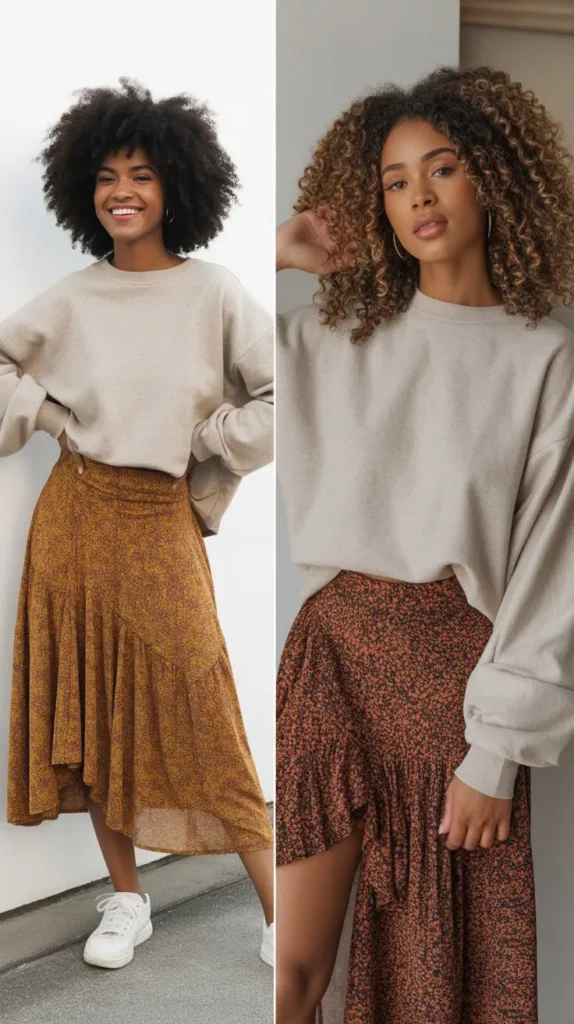 Wrap Skirt with Oversized Sweater and Sneakers