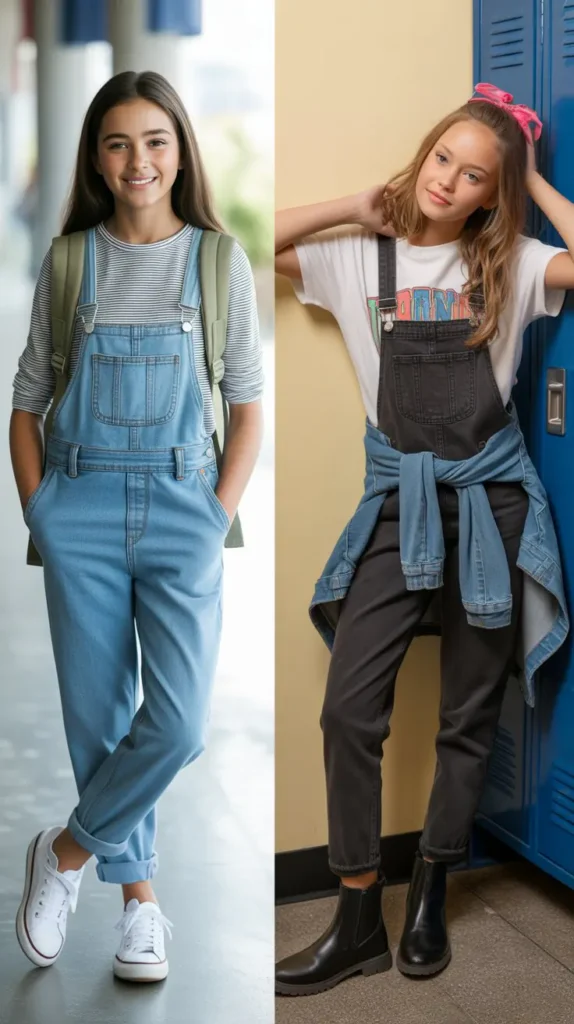 Corduroy Overalls with a Long-Sleeve Turtleneck