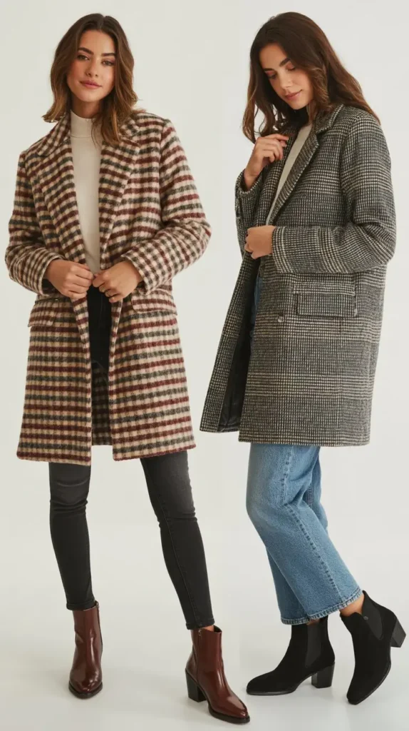 Checked Coat with Simple Jeans and Ankle Boots