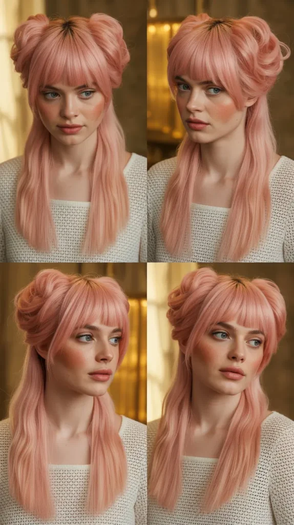 Peach Pink Half Up Half Down with Curtain Bangs
