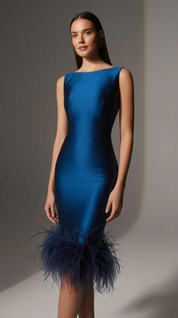  Midnight Blue Bodycon Dress with Feathered Hem