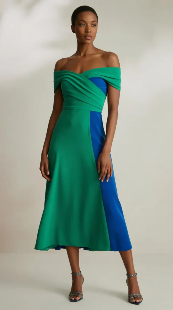 Off-Shoulder Midi Dress in Jewel Tones