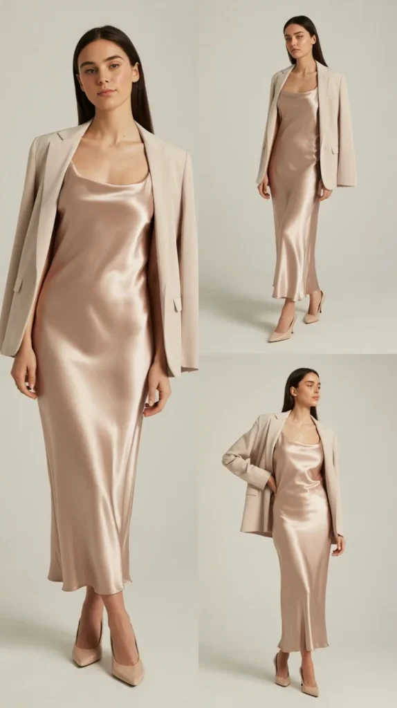  Satin Slip Dress with Lightweight Blazer