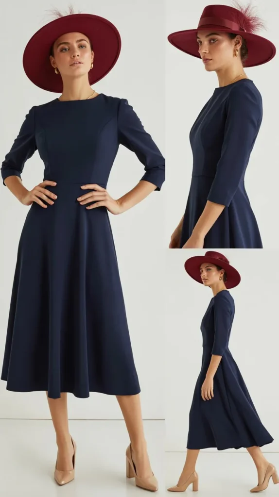 Classic A-Line Midi Dress with Statement Hat