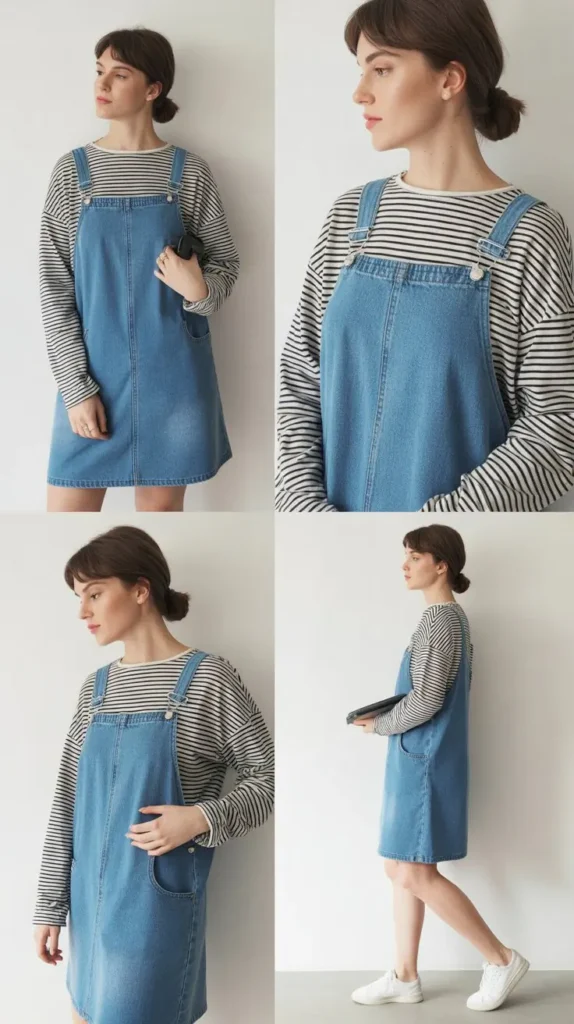 Denim Overall Dress with Striped Tee