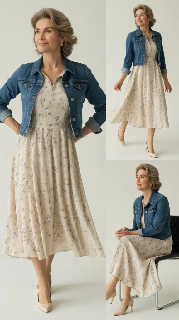 Floral Midi Dress with Denim Jacket