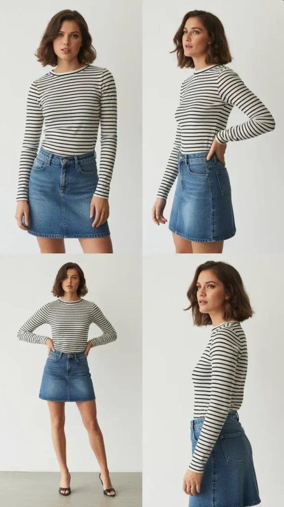 Striped Shirt with Denim Skirt
