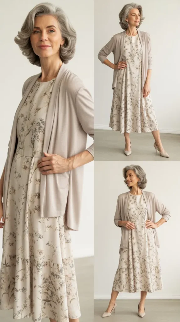 Floral Midi Dress with Lightweight Cardigan