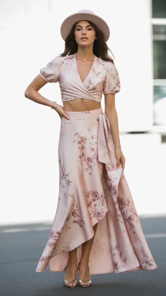  Pink Floral Wrap Skirt Set with Crop Top