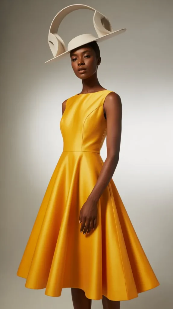  Canary Yellow A-Line Dress with a Sculptural Hat