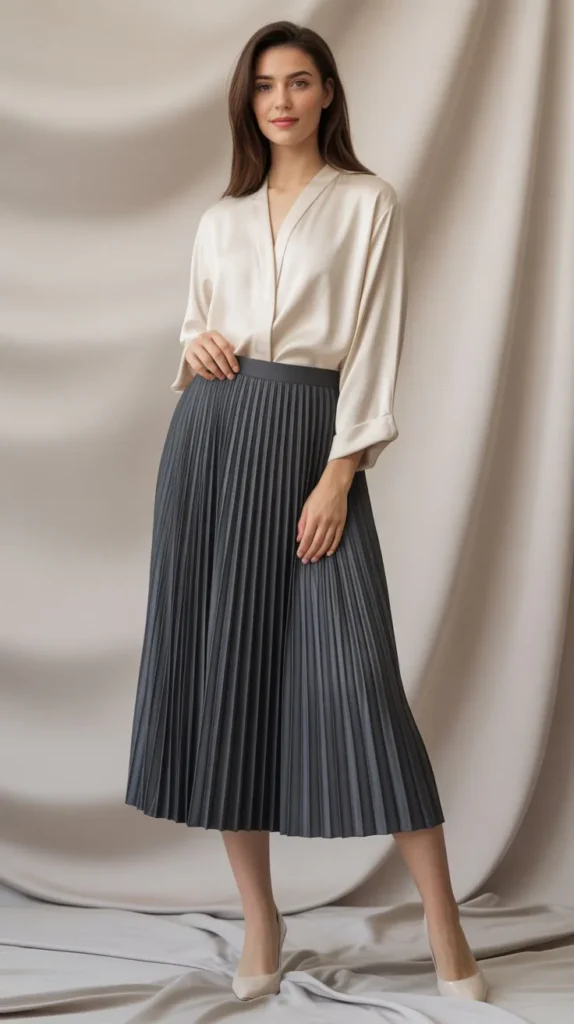 Pleated Skirt and Silk Blouse Combo