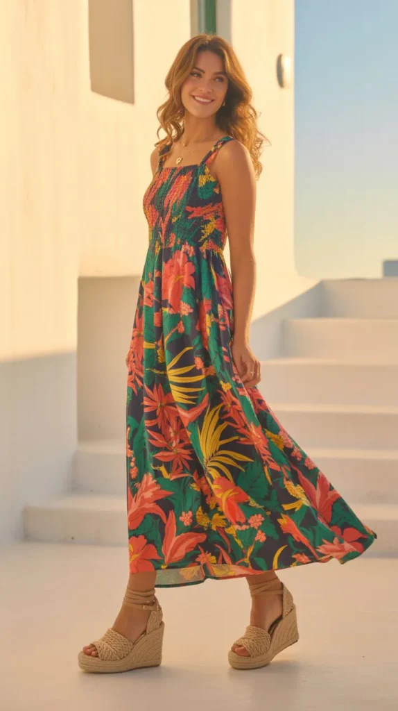 Bold Printed Maxi Dress with Espadrille Wedges