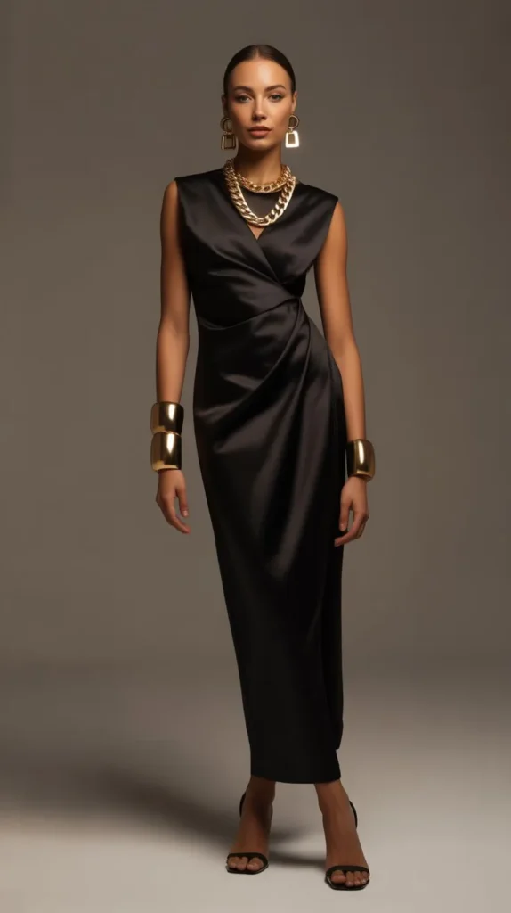 Elegant Black Dress with Bold Accessories