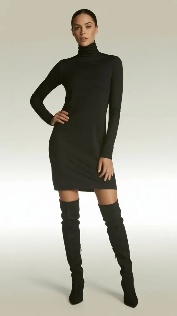 Turtleneck Dress with Thigh-High Boots