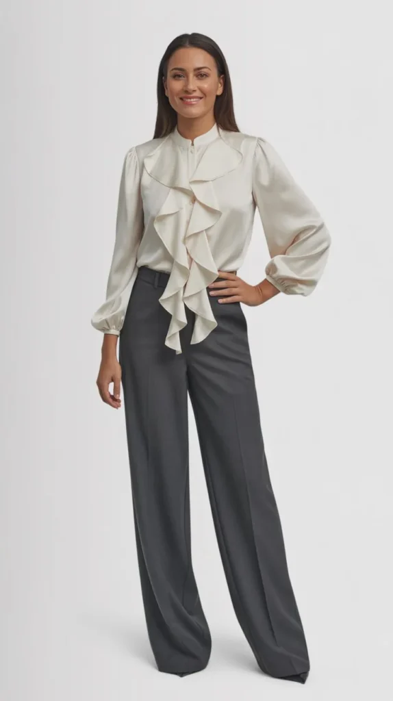 Ruffled Blouse with Tailored Trousers