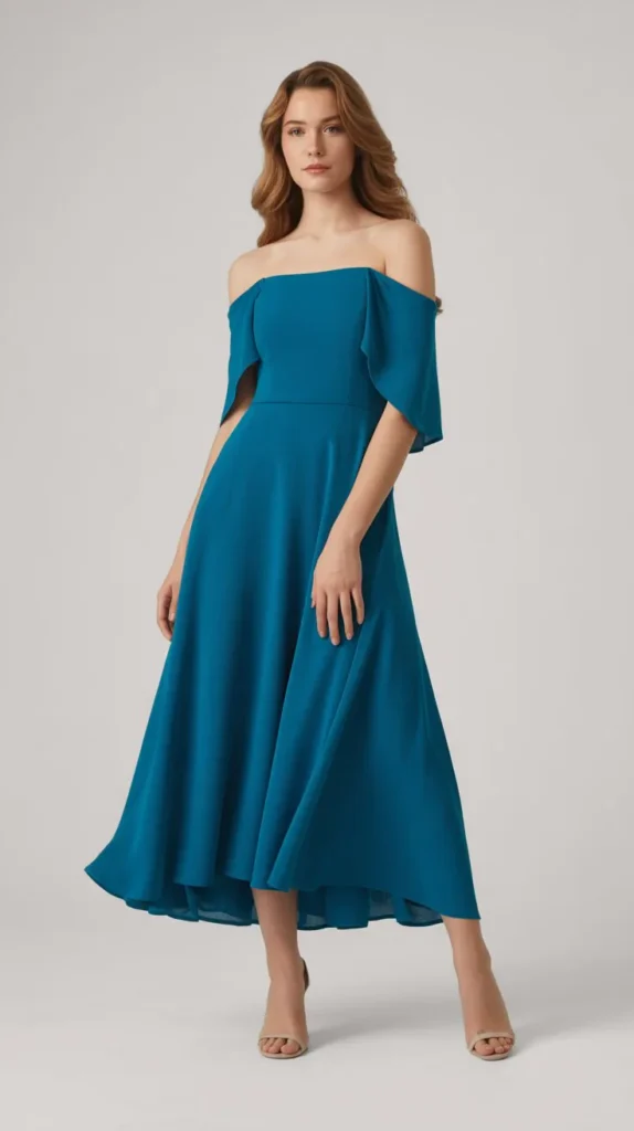  Teal Blue Off-Shoulder Dress