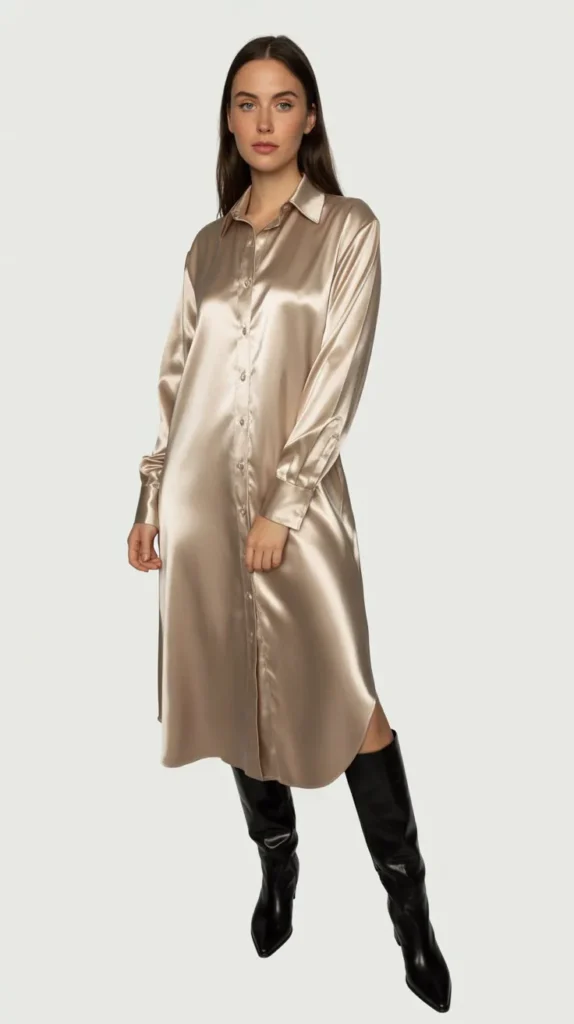Satin Shirt Dress with Knee-High Boots