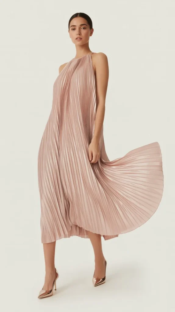 Blush Pleated Dress with Metallic Heels