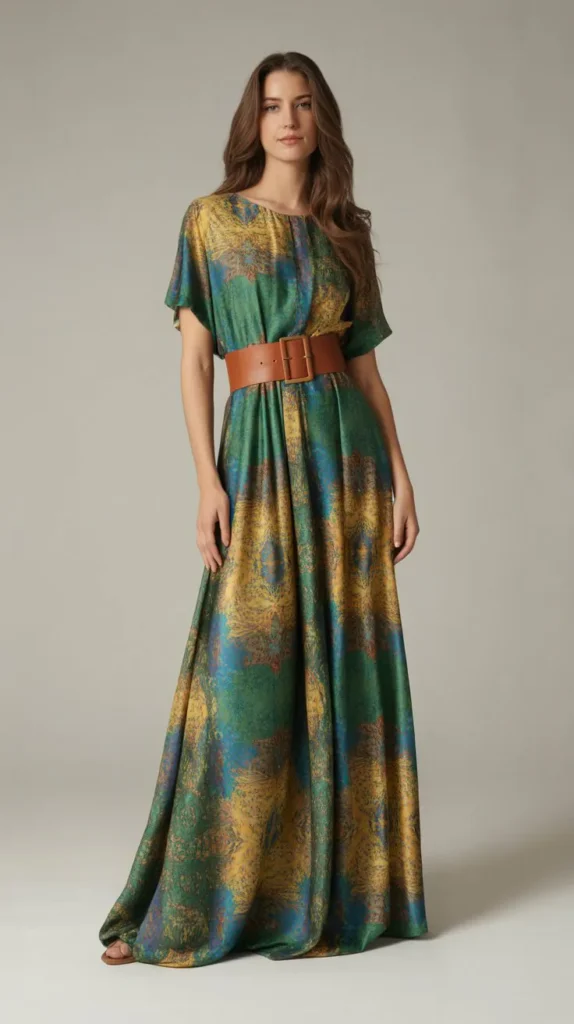 Printed Maxi Dress with a Fitted Belt