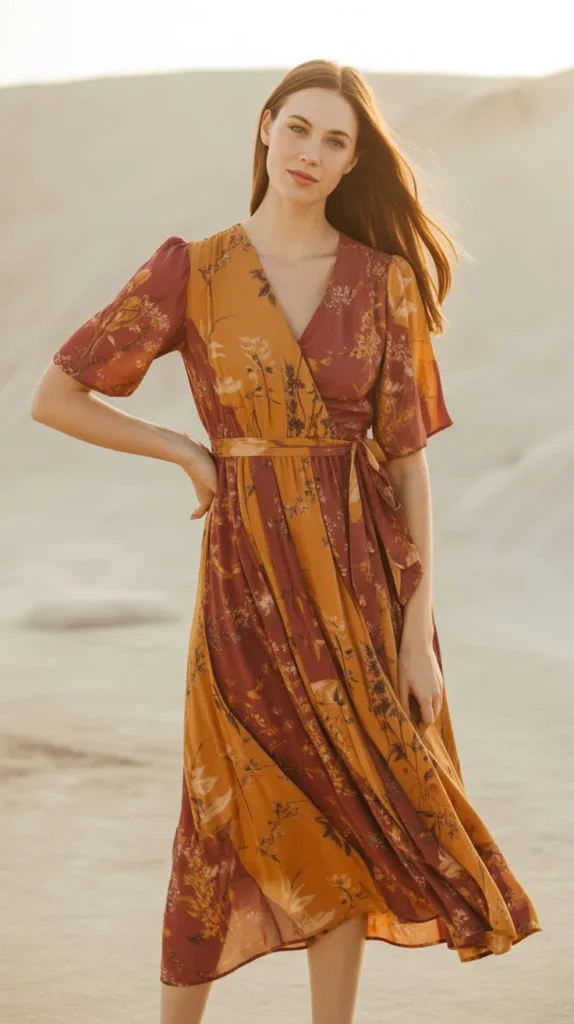 Floral Wrap Dress in Autumn Tones
