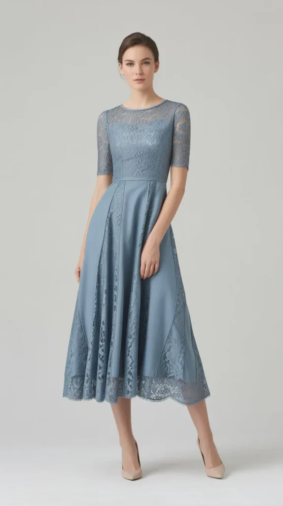 Dusty Blue Midi Dress with Lace Overlay