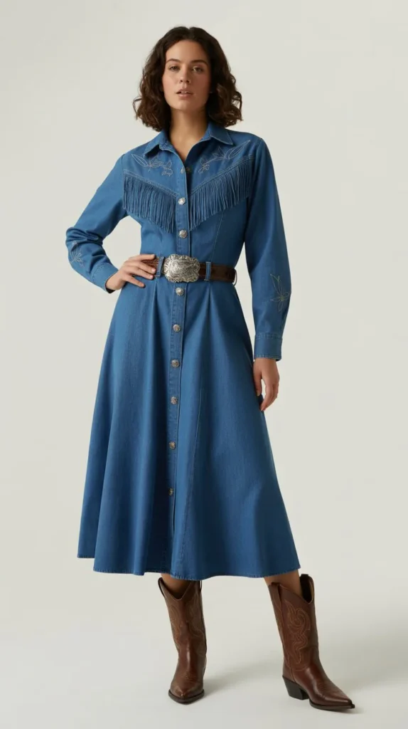 Denim Blue Midi Dress with Western Accents