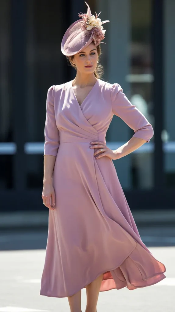 Dusty Rose Wrap Dress with Floral Fascinator