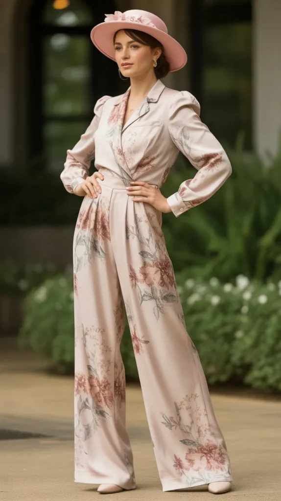 Soft Pink Floral Jumpsuit with Wide-Brim Hat