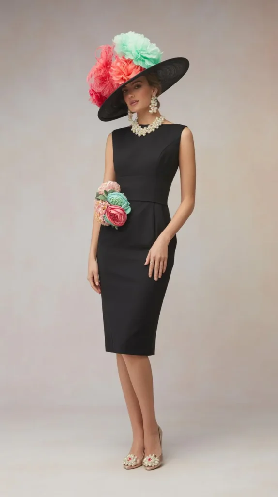 Classic Black Dress with Colorful Derby Accessories