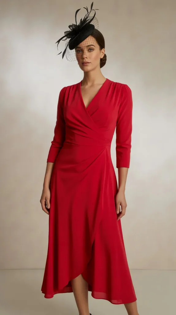 Bold Red Wrap Dress with a Black Fascinator