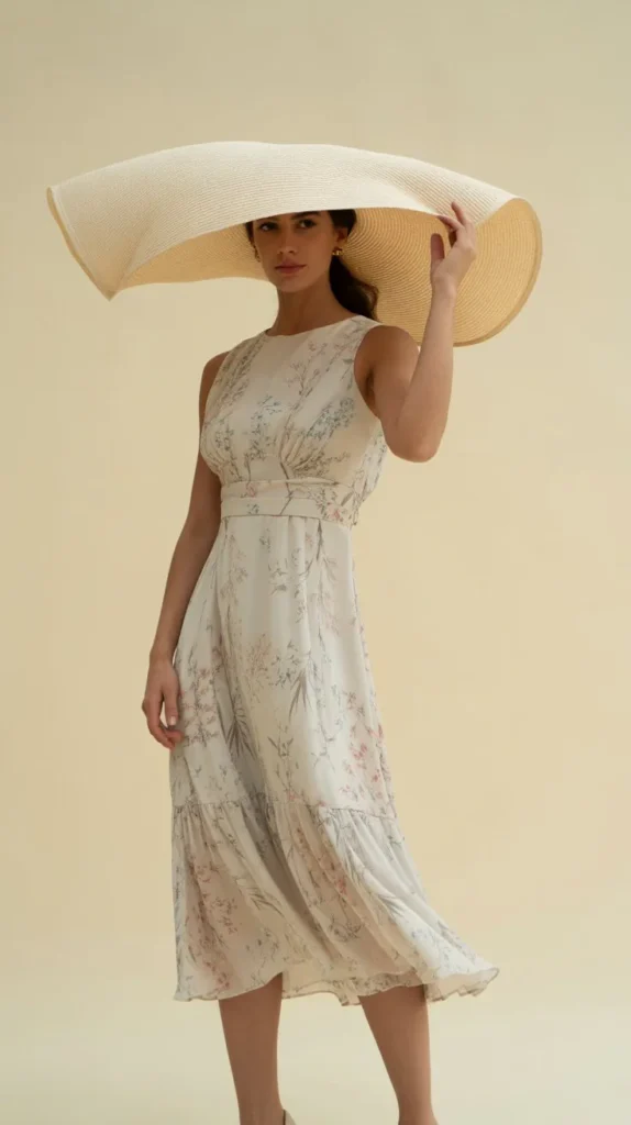 Floral Midi Dress with a Dramatic Wide-Brim Hat