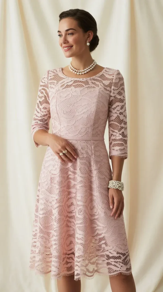 Rose Pink Lace Dress with Pearl Accessories