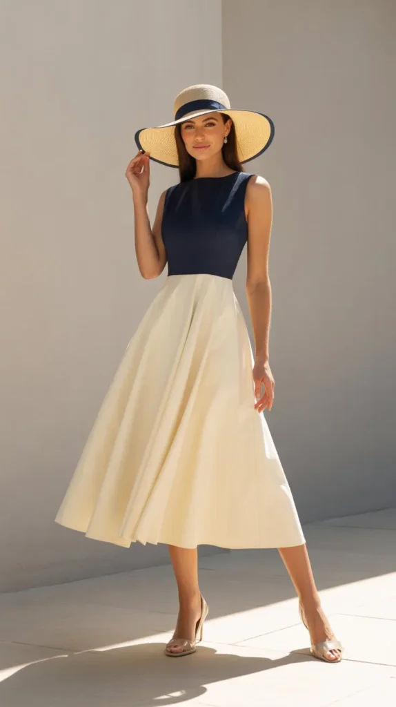 Classic Midi Dress with a Wide-Brim Hat