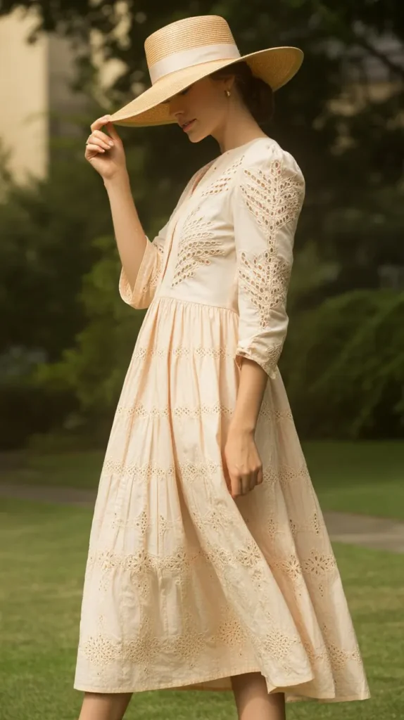 Ivory Broderie Anglaise Dress with a Straw Hat