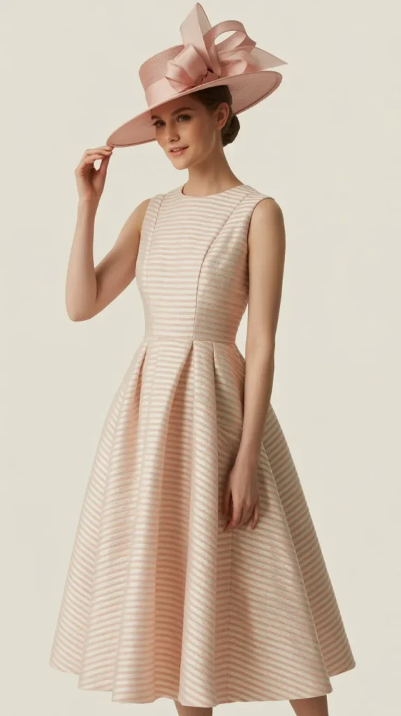 Pink and White Striped Dress with Bow Hat