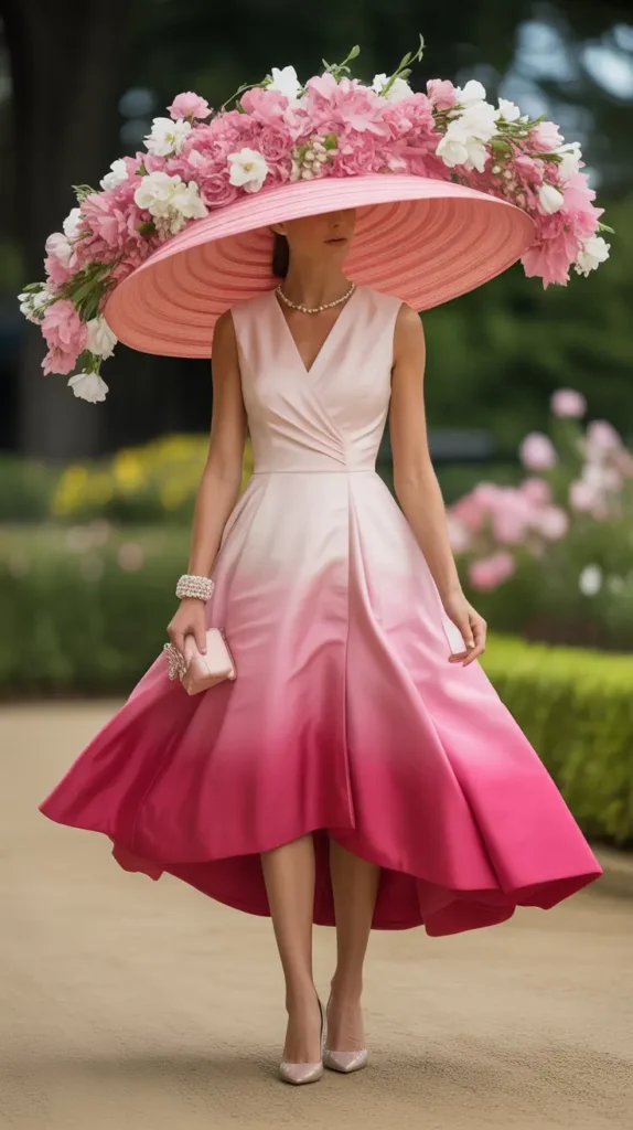  Ombre Pink Dress with Cascading Floral Hat