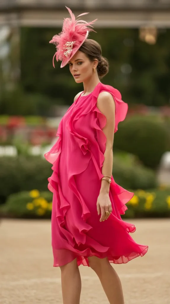 Hot Pink Ruffle Dress with Feather Fascinator